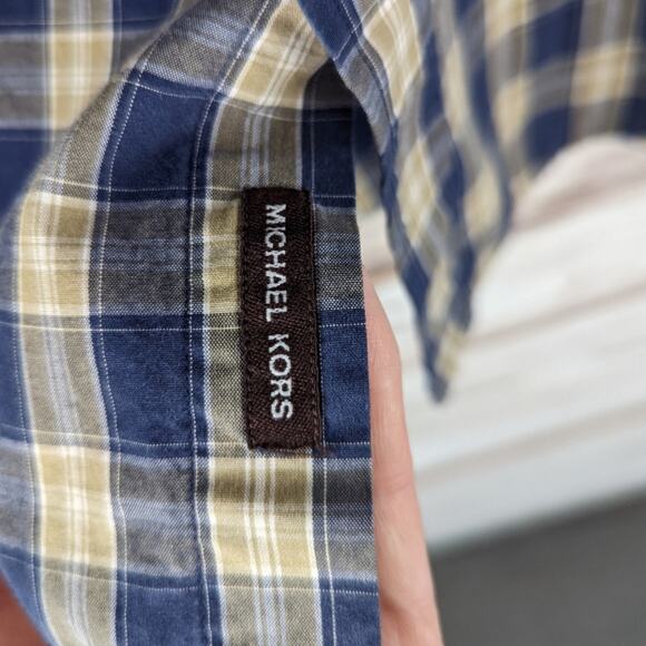 MICHAEL Michael Kors Blue and Tan Plaid Button Down Roll Sleeve Shirt Sz Medium - Picture 2 of 8